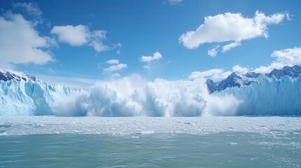 A stunning view of glaciers calving into the turquoise waters, surrounded by majestic mountains and a brilliant blue sky.