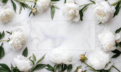 Wall Mural - White Peonies Arranged Around a Rectangular Frame on Marble