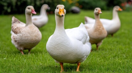 Wall Mural - A group of ducks are standing in a grassy field, AI