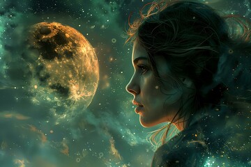 Wall Mural - A mesmerizing digital artwork featuring a woman gazing into the night sky, surrounded by stars and the glowing moon. Ideal for fantasy, dreamlike, and celestial-themed projects.