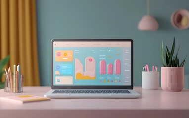Fototapete - A modern workspace featuring a laptop displaying colorful graphs, a stylish plant, and organized stationery on a clean desk.
