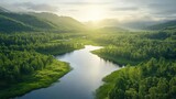 A serene landscape featuring a river winding through lush green forests under a soft, glowing sunrise.