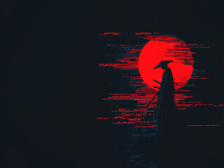 Sticker - Silhouette of a samurai warrior standing in front of a red sun with a glitch effect.