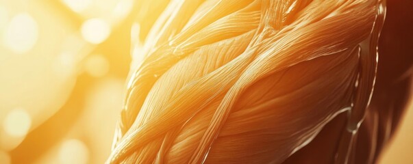 Poster - Close-up view of human muscle structure illuminated by warm sunlight, showcasing intricate details and textures.