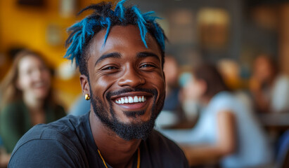 A man with blue hair is smiling and looking at the camera. He is surrounded by other people, some of whom are also smiling. Scene is happy and friendly