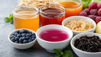 Poster - A table with bowls of fruit and vegetables, some in cups, AI