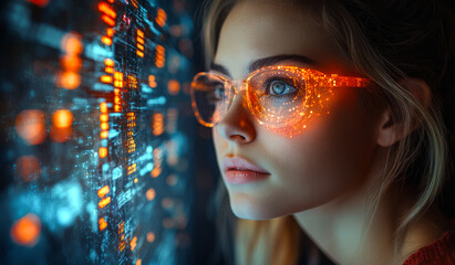 Wall Mural - A woman is looking at a computer screen with a lot of numbers and letters. She is wearing glasses and has a serious expression on her face