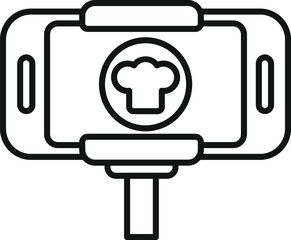 Poster - This simple vector illustration depicts a smartphone mounted on a tripod, displaying a chef hat icon, symbolizing online cooking classes and food vlogging
