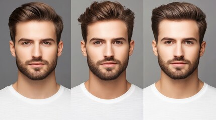 Gray background with young man's hair loss treatment before and after