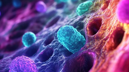 Poster - Colorful microscopic view of bacteria and cells in a biological environment showcasing vibrant textures and intricate details.
