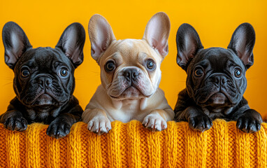 Wall Mural - Three black and white dogs are laying on a yellow blanket. They are all looking at the camera