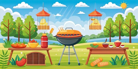 Vibrant illustration of a colorful summer barbecue scene featuring stylized grills, utensils, and savory food icons in