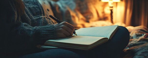 Aufkleber - A cozy evening scene featuring a person writing in a journal, illuminated by warm lamp light, evoking creativity and reflection.