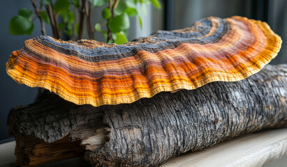 A large orange mushroom is sitting on a log. The mushroom is surrounded by a green plant. The scene is peaceful and serene, with the mushroom and plant creating a natural and calming atmosphere