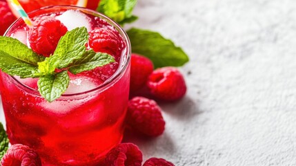 Wall Mural - A close up of a drink with raspberries and mint leaves, AI