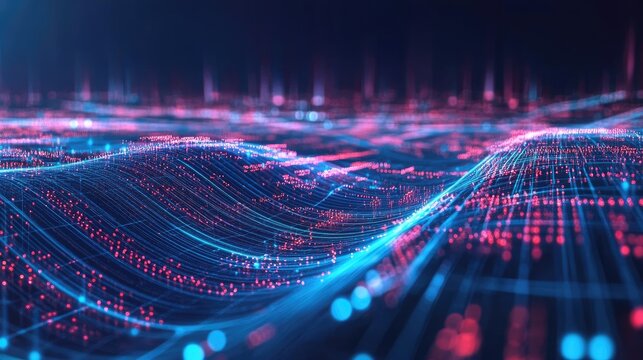 A futuristic digital grid with flowing data lines, representing technological operations, AI, and data transmission