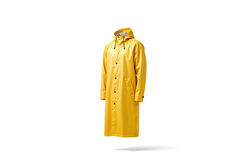 Blank yellow protective raincoat mockup, side view.