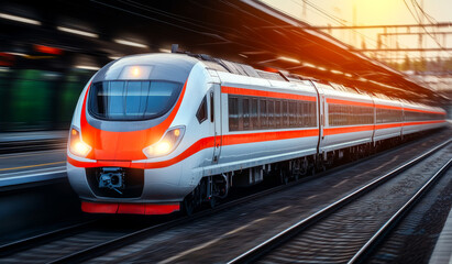 A train is moving down the tracks with a red stripe on the side. The train is very long and has many windows