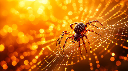 A spider is on a web with a yellow background. The spider is brown and black