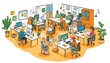 © irawan - A cartoon illustration of a busy office setting with employees working at their desks and a meeting in progress.