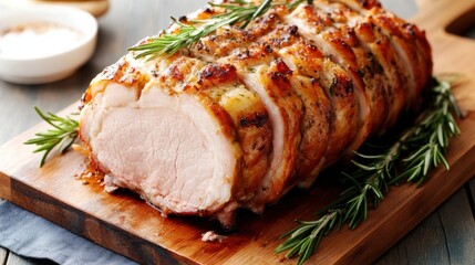 Wall Mural - A close up of a pork roast with rosemary on top, AI