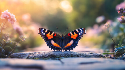 Sticker - Stunning Close-Up of a Butterfly Resting on a Path Surrounded by Blooming Flowers