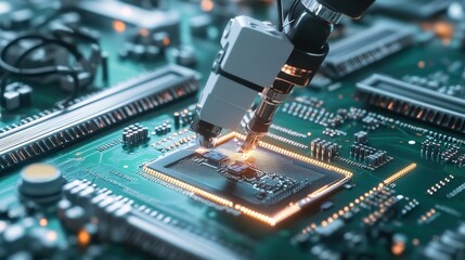 Poster - an automated arm focuses on assembling a sophisticated circuit board in a well-equipped electronics 