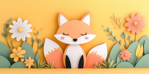 art of a cute fox standing on empty yellow background with plants