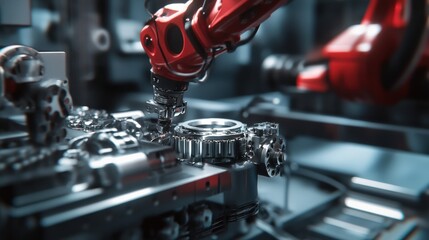Poster - a robotic arm meticulously assembles automotive parts within a modern manufacturing plant, showcasin