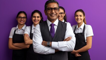 The picture shows a group of happy Indian business people standing together on a purple background