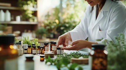 Wall Mural - Herbalist Crafting: A close-up view of a dedicated herbalist's hands meticulously preparing a blend of natural remedies, surrounded by an array of herbs and bottles, showcasing the dedication and arti