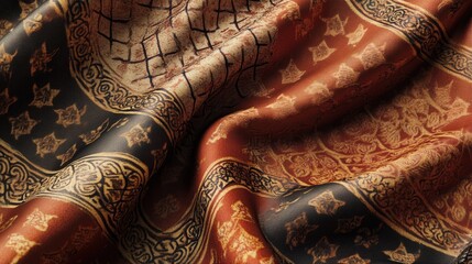 A high-resolution digital rendering of a silk fabric with traditional Moroccan patterns in rich, earthy colors. The intricate design is perfect for exotic textiles or wallpaper.