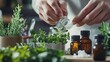 © Auttacha - A detailed shot of a homeopathic practitioner carefully preparing alternative medicine from plant-based ingredients, focusing on the precision of the dilution process and natural healing.