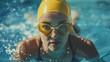 © liliyabatyrova - A woman in a yellow swim cap and goggles is swimming in a pool