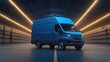 © Thanachart - A modern blue delivery van in an industrial warehouse, illuminated with warm light, showcasing its utility and design.