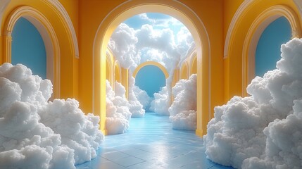 abstract minimal backgroun white clouds flying out the blue tunnel inside the yellow room