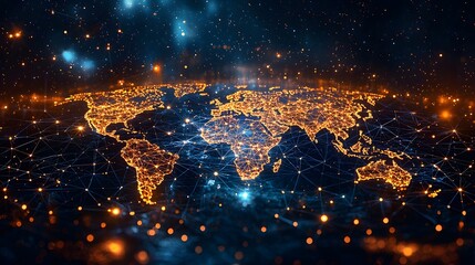 Global Network Connection  Abstract World Map with Lights and Lines