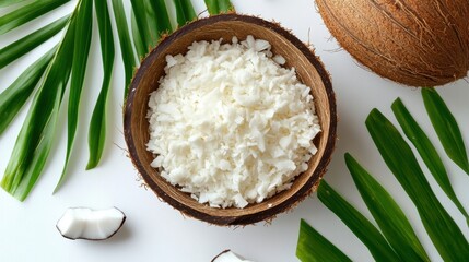 Coconut flakes in wooden bowl closeup view