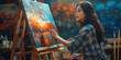 © Lila Patel - Asian female artist at easel, paintbrush in hand, creating vibrant artwork