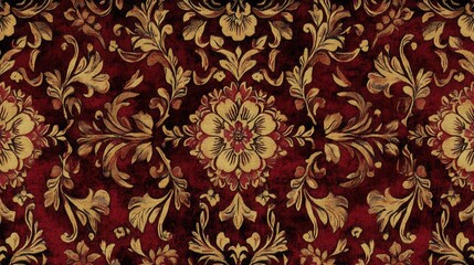 Detailed digital rendering of an Indian fabric pattern with ornate floral motifs in deep red and gold. The design is perfect for luxurious textiles or classic interior decor.