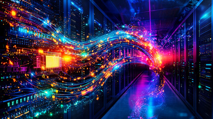 Poster - Telecommunication Ethernet Cables Connected to Internet. server room with vibrant neon data streams, symbolizing high-tech connectivity and speed.