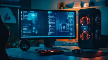 Poster - A sleek, powerful desktop computer sits in a dark room. Its gaming case is empty, except for a keyboard and mouse on the desk. The computer screen shows abstract program interfaces.