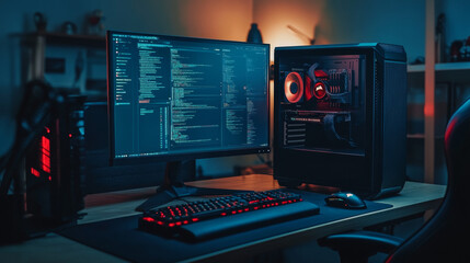 Poster - A sleek, powerful desktop computer sits in a dark room. Its gaming case is empty, except for a keyboard and mouse on the desk. The computer screen shows abstract program interfaces.