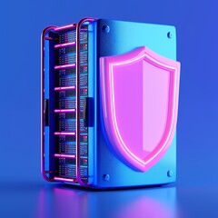 Wall Mural - 3D illustration of a server with a shield, symbolizing cyber security and data protection, with a vibrant blue and pink color scheme.