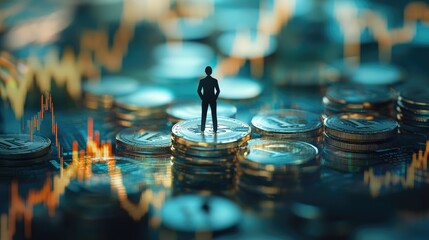 Poster - Tiny figure on the tallest coin, with market charts rising and falling, representing the precarious nature of investment and economic trends.