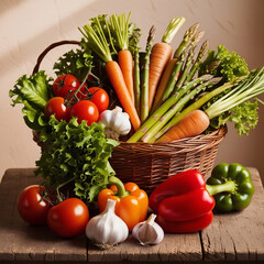 Wall Mural - still life composition featuring an assortment of colorful vegetables arranged artfully in a woven basket or on a rustic wooden table, with varying shapes, sizes, and textures