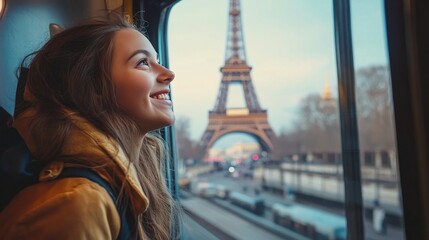 Wall Mural - Traveler gazing at the Eiffel Tower from a Paris metro window, happy French visitor