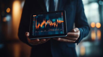 Poster - A businessman is holding a tablet that shows a graph of rising stock prices. This image represents finance, forex trading, and technology. It also shows the concepts of economic trends and investment.