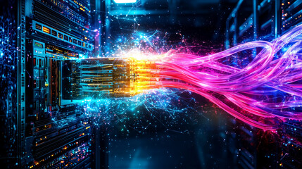 Poster - Telecommunication Ethernet Cables Connected to Internet. server room with vibrant neon data streams, symbolizing high-tech connectivity and speed.