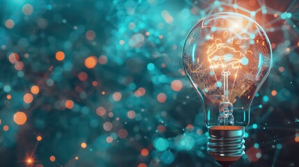 Poster - A glowing light bulb with a network inside, set against a blurred background of blue and orange bokeh.